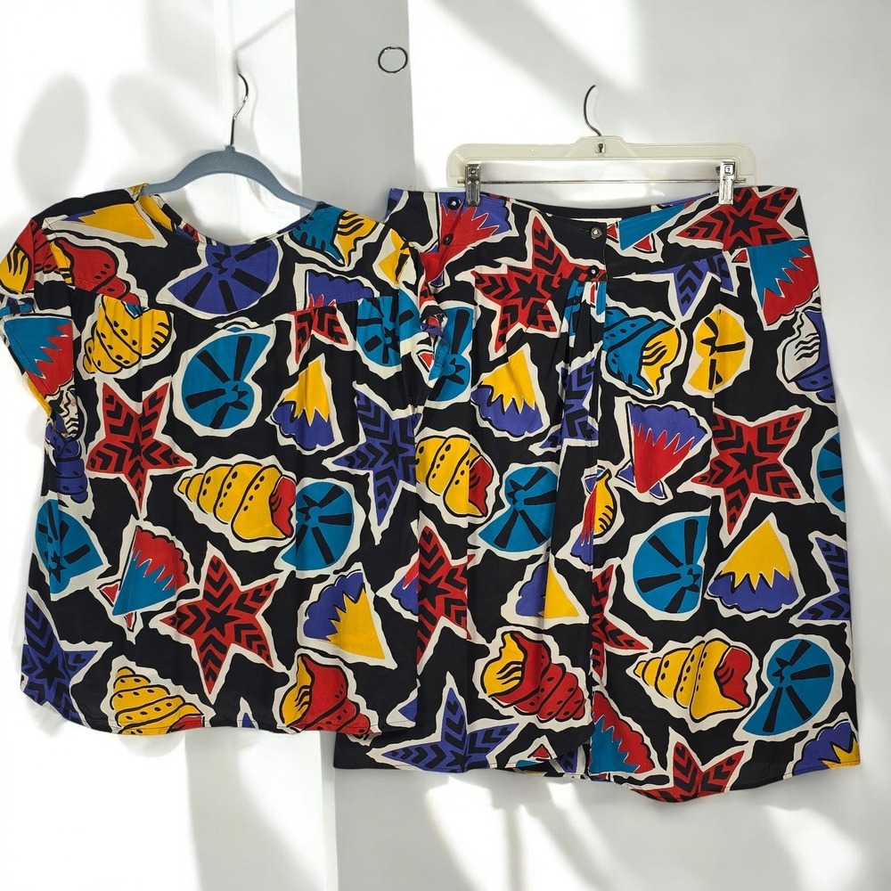 VTG Karl Lagerfeld? Women 40 Multicolor Seashell Star Print Silk Skirt Set READ